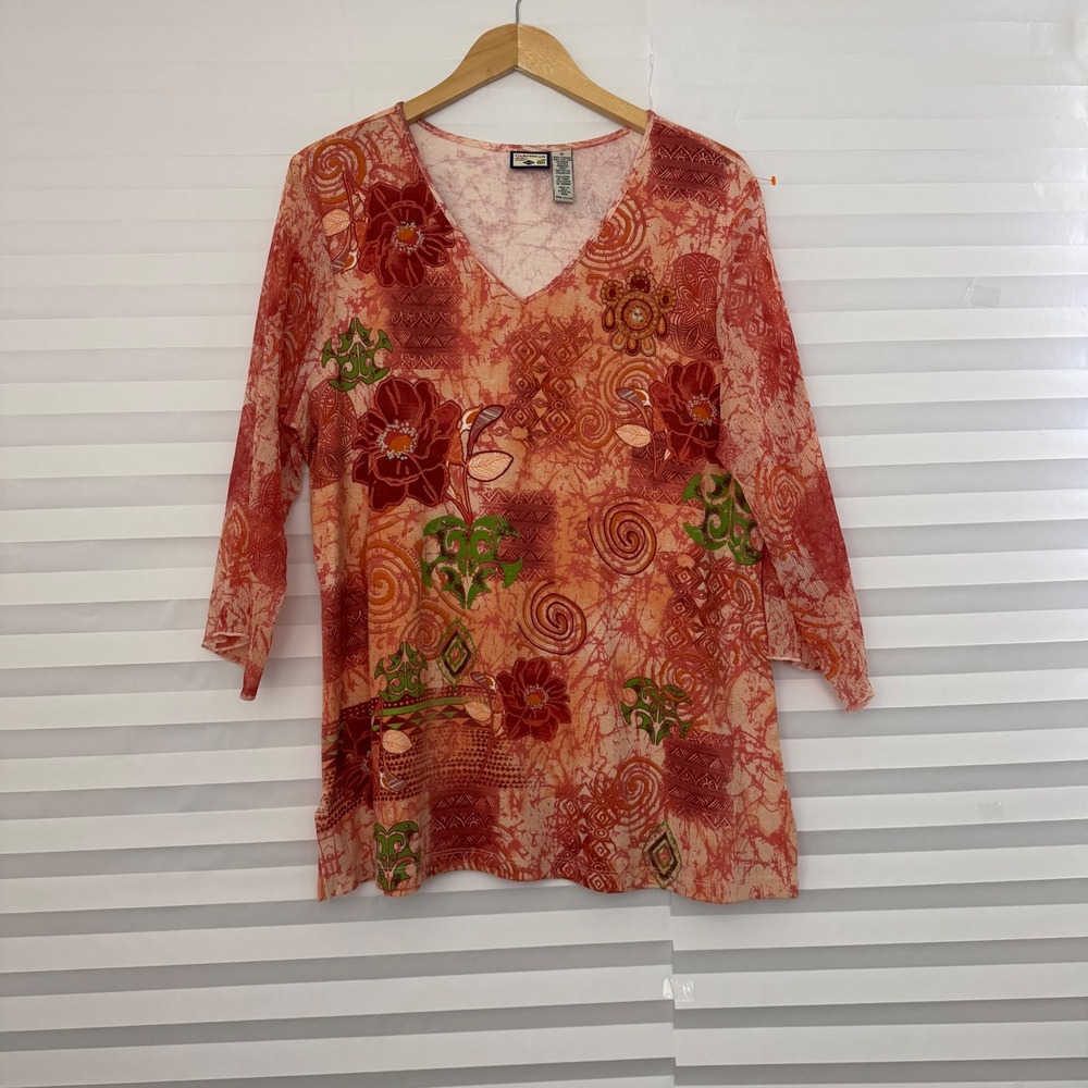 Caribbean Joe Womens 1X Tunic Top Orange Red Floral Batik Mesh 3/4 Sleeve V-Neck